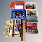 Five boxes of assorted tools, hardware, record doweling jig,