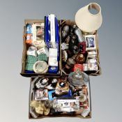 Three boxes of Ringtons ceramics, Wade decanter, table lamp with shade, commemorative china,