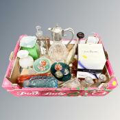 A box of glass, paperweights, Dartington crystal,