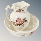 A transfer printed pottery wash jug and basin together with a Gent's black bowler hat by Dunn and