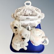A tray of antique ceramics, 19th century soup tureen with cover, embossed tea pot,