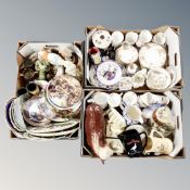 Three boxes of Melba ware bull, antique china, Lurpack items, whisky jugs,