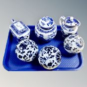 A tray of Ringtons Willow pattern caddy, teapot and jug,