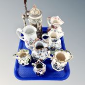 A tray of Masons jugs, Spode water jug,