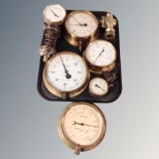 Six assorted industrial pressure gauges and brass pipe fitting