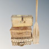 Two vintage wicker baskets together with a pine crate and boat oar