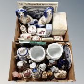 Two boxes of contemporary figures, Staffordshire style dogs, tea ware,