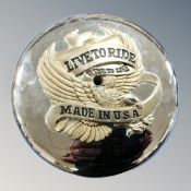 A Harley Davidson live to ride chrome petrol cap cover