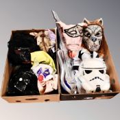 Two boxes containing storm trooper fancy dress costume with mask, assorted mask, Darth Vader, Clown,