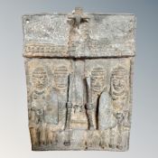 A Benin heavy cast bronze plaque - The servants of the Oba of Benin,