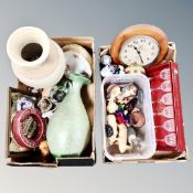 Two boxes of pottery urns, Murphy china ashtray, contemporary wall clock,