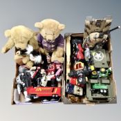 Two boxes of soft toys, die cast and plastic vehicles, Robot figures,