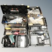 Four tool boxes containing drill sharpening machine, drill bits,