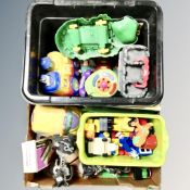Two boxes of children's Lego building blocks and toys, pair of roller skates,