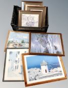 A crate of assorted prints, oils on boards,