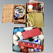 Two boxes and basket containing wool, thread,