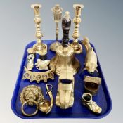 A tray of brass ware, hand bell, Victorian candlestick,