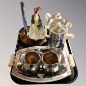 A mid century chrome table lamp with ceramic figure together with a five piece Koby Kraft tea