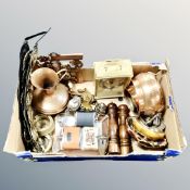 A box of horse brasses on straps, hip flasks, playing cards,