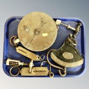 A tray of antique Salter balance and pocket scales together with two further antique corkscrews