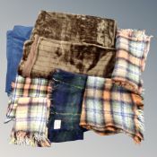 A box and crate of vintage and later wool blankets and throws