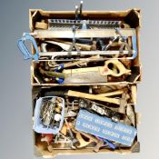 Two boxes containing vintage and later hand tools, drill bits, Stanley woodworking plane,