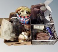 Two crates of sewing machine, beer mats, football programmes,