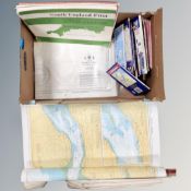 A box of mid century and later folded maps, North Sea and Sea depths,