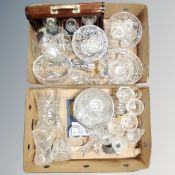 Two boxes of assorted glass ware, crystal vases, rose bowls, glasses,