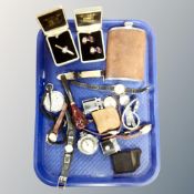 A tray hip flask, various watches, pipe, cufflinks, Ronson lighter,
