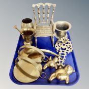 A tray of assorted brass wares, chair, pestle and mortars,