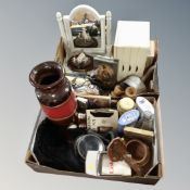 Two boxes of 1971 celebration tins, West German vase, contemporary dressing table mirror,