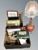 Two boxes of pictures, wall clocks, needlework panels, Ringtons ornaments, soft toy,