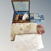 A tray of Victorian sewing box, threads,