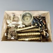 A box of pair of Victorian brass fire dogs, Art Deco brass light fittings,