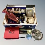 A box of vintage cranberry glass vase, oak canteen of cutlery, boxed cutlery, plated napkin rings,