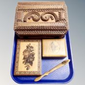 A tray of Mauchline ware box - Castle Leod, further inlaid box, letter knife,