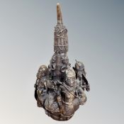 A Benin cast bronze lidded urn decorated with the Oba of Benin and his subjects,