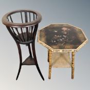 A beechwood plant stand together with bamboo occasional table