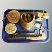A tray of lawn tennis measure, Rabone tape measure, 19th century cast iron key, carbide lamp,