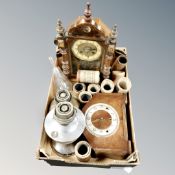 A box of two oil lamp bases, Art Deco oak mantel clock,