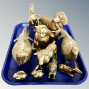 A tray of brass animal ornaments, pheasants, cat,