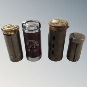 Three vintage tin change holders for 3 pence and 6 pence coins,