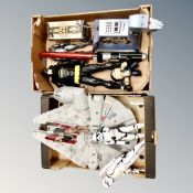 Two boxes containing Star Wars items, toys, figures etc.