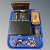 Tray of costume jewelry, lady's watch in box, musical box, beads etc.