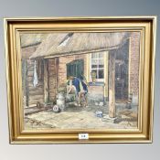 H S Gmelig : Lady by a cottage, oil on canvas, 45 cm x 37 cm, framed.