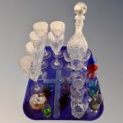 A tray of assorted glass ware, Tweedsmuir paperweight, two-tone glasses,