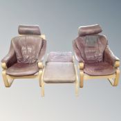 A pair of Burgundy leather sling seated chairs with two matching footstools CONDITION