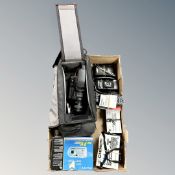 A box containing camera bag containing JVC video camera together with assorted cameras to include a