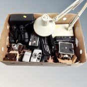 Collection of cameras, angle poise lamp, pair of Falcon Zoom field binoculars.
